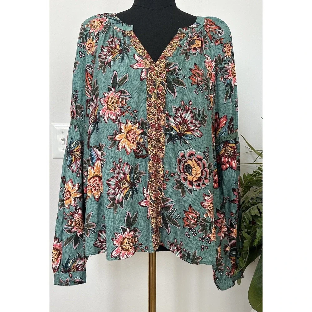 Farm Rio Anthropologie Women's Boho Paola Floral Peasant Blouse Top Shirt Sz M